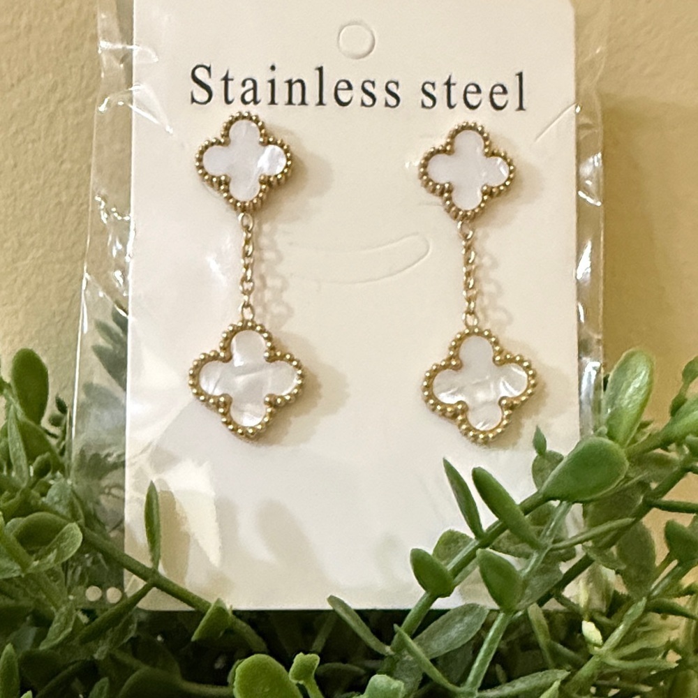 White Clover Earnings Stainless Steel Dangle Clovers women’s Earrings Classic